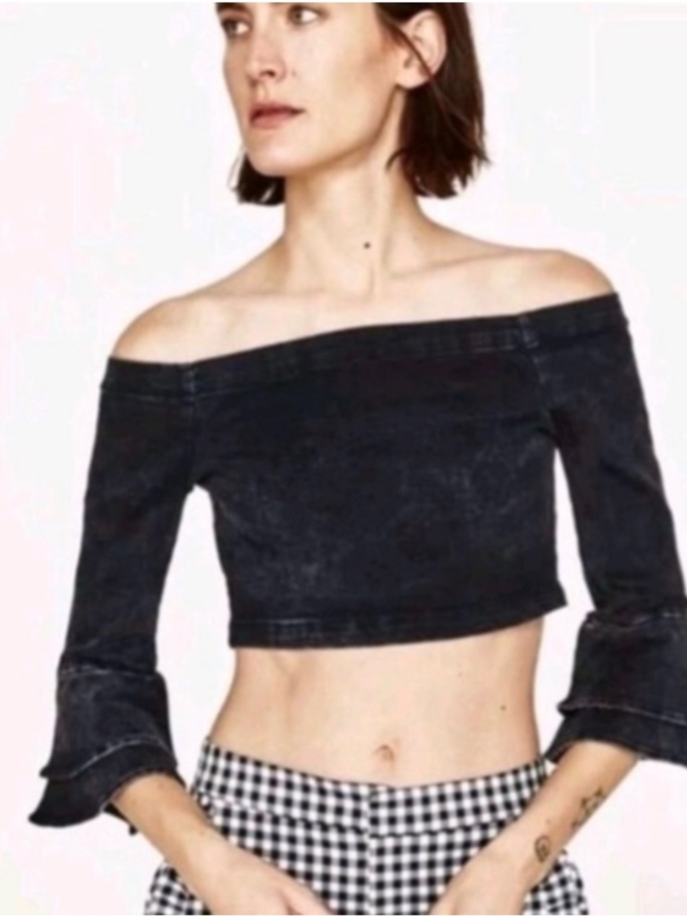 Zara Black Acid Wash Denim Off The Shoulder Tiered Bell Sleeve Crop Top